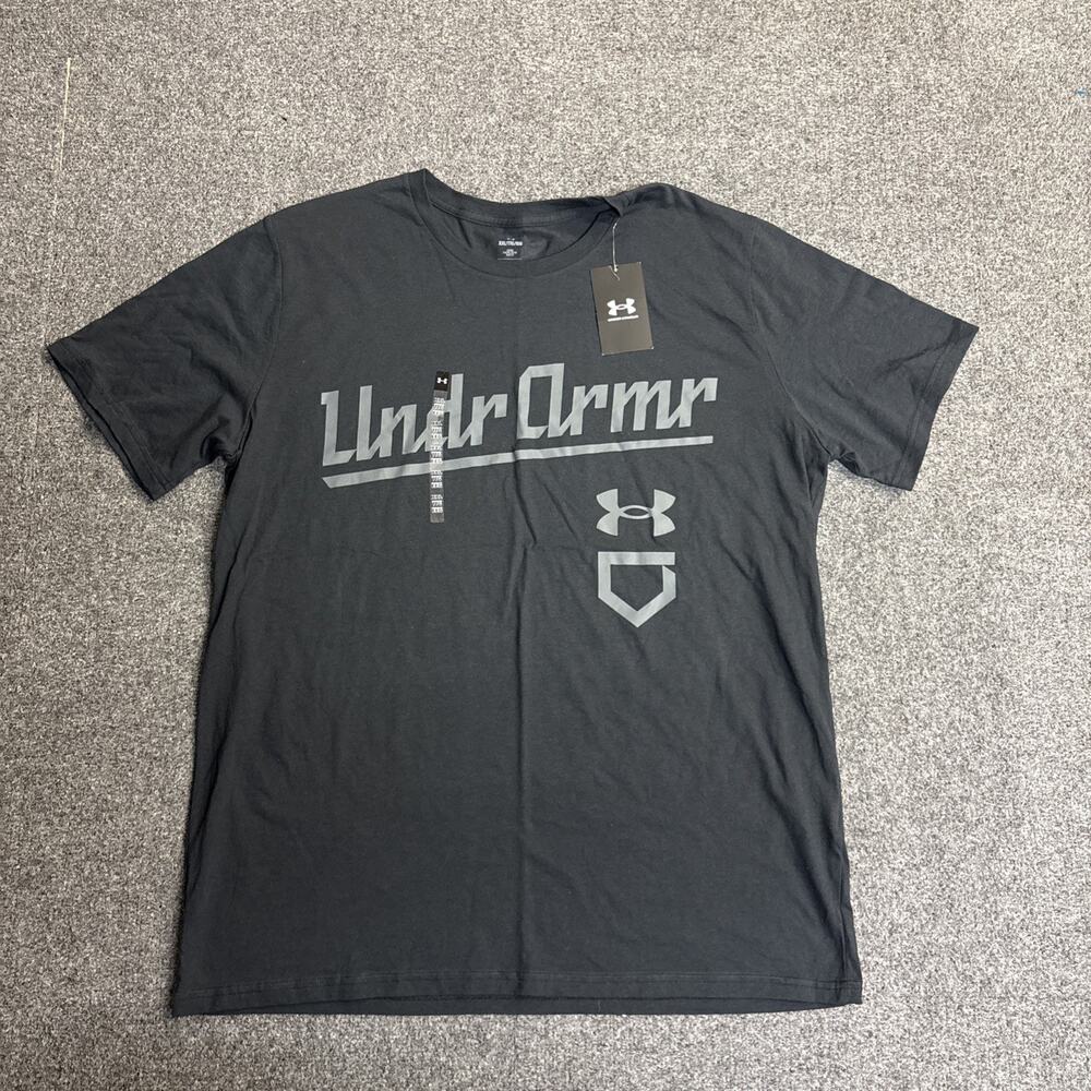 NWT Under Armour Baseball Script XXL Loose Fit Black Athletic T Shirt Mens